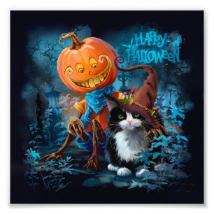 Impression Photo Funny Pumkin and cat in a magic