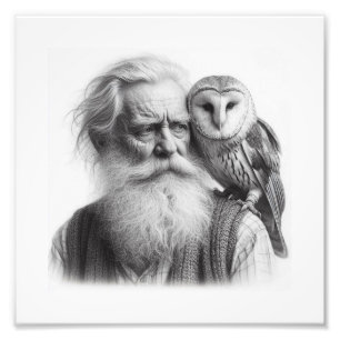 Impression Photo Gardien des secrets : Vieux homme avec Barn Owl Wa