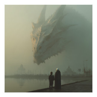 Impression Photo Giant White Dragon Over Misty City Pier