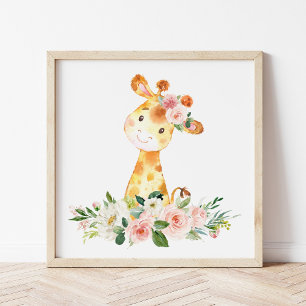 Impression Photo Giraffe, Safari, Fleurs roses, Nourriture pour fil