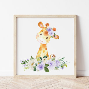 Impression Photo Giraffe, Safari, Fleurs violettes, Neutre Genre