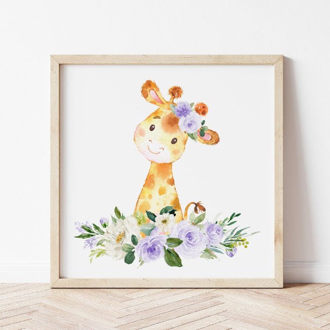Impression Photo Giraffe, Safari, Fleurs violettes, Neutre Genre (Créateur téléchargé)