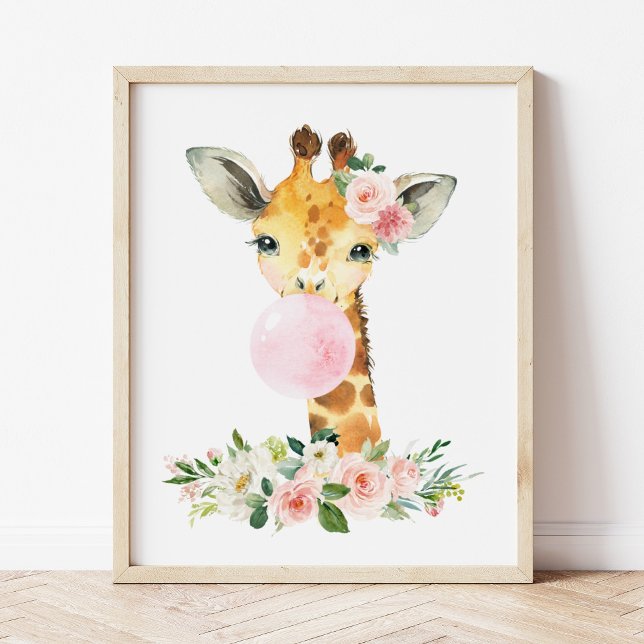 Impression Photo Giraffe, Safari, gomme à bulles roses, infirmière  (Créateur téléchargé)