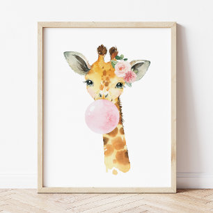 Impression Photo Giraffe, Safari, gomme à bulles roses, infirmière 