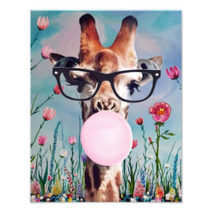 Impression Photo Giraffe soufflant gomme Arrière - plan du jardin d