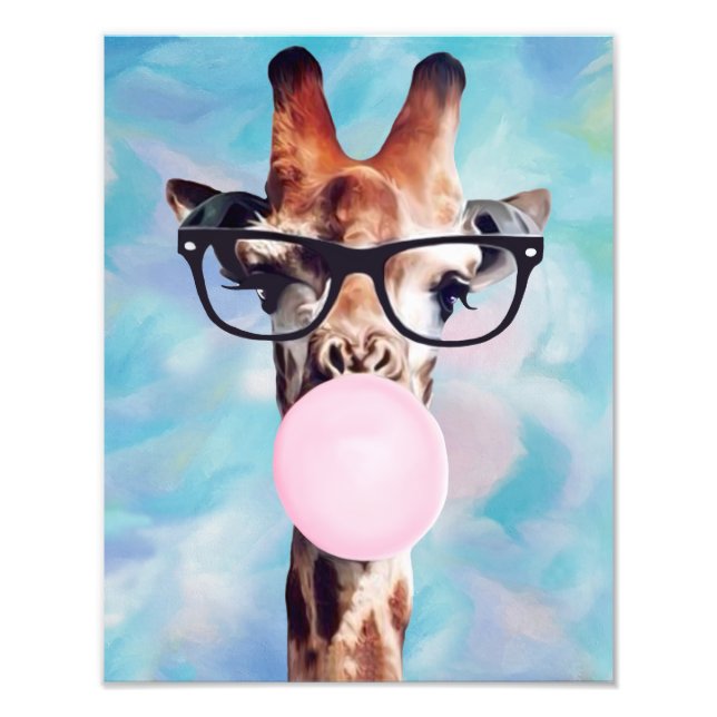 Impression Photo Giraffe soufflant gomme bleu Mottled Arrière - pla (Devant)