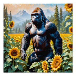 Impression Photo Gorille Ape Dans Un Champ De Tournesol