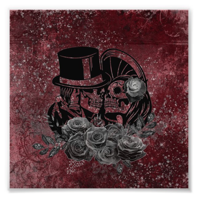 Impression Photo Gothique Kissing Skulls Couple Et Sang Rouge Étern (Devant)