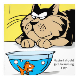 Impression Photo Grand chat, petit poisson rouge. Texte modifiable.