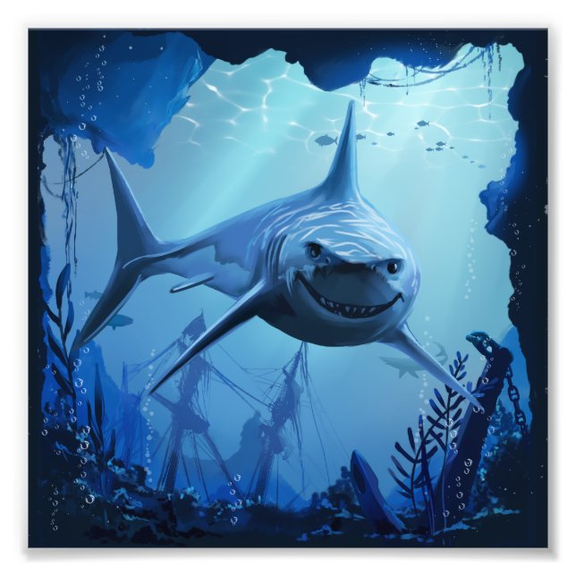 Impression Photo Grand requin blanc nage dans les récifs sous-marin (Devant)