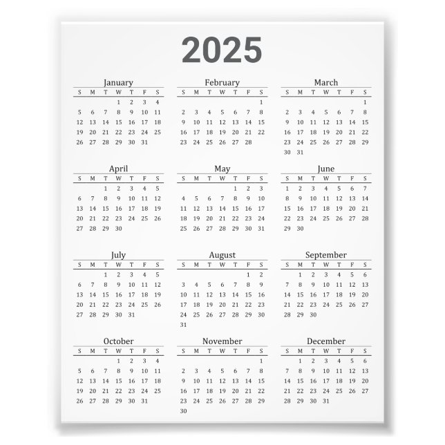 Impression Photo Gris et blanc 2025 Année à un coup d'oeil Calendri (Devant)