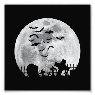 Impression Photo Halloween Pleine lune Cimetière Bats Éffrayants