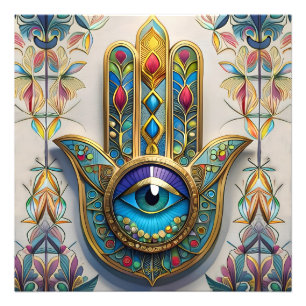 Impression Photo Hamsa du Troisième Œil en Filigrane Coloré Or Bleu