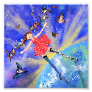 Impression Photo Happy Girl with Birds Poaster Print