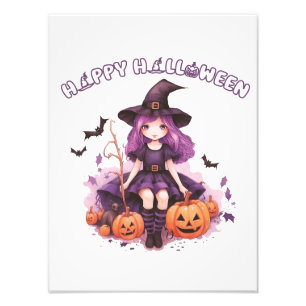 Impression Photo Happy Halloween violet sorcière Citrouilles et cha