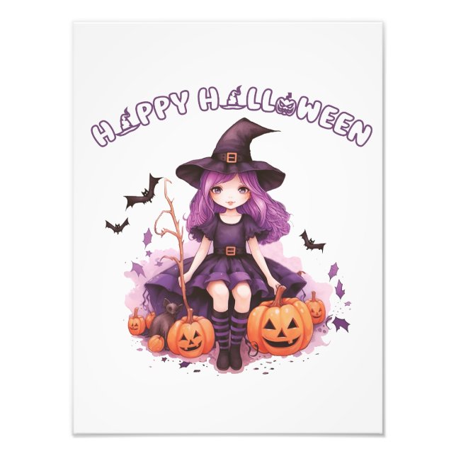 Impression Photo Happy Halloween violet sorcière Citrouilles et cha (Devant)