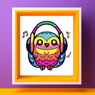 Impression Photo Hibou heureux avec des écouteurs en train d'écoute