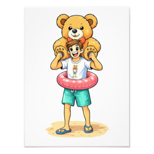 Impression Photo Homme de dessin animé mignon avec un ours en peluc
