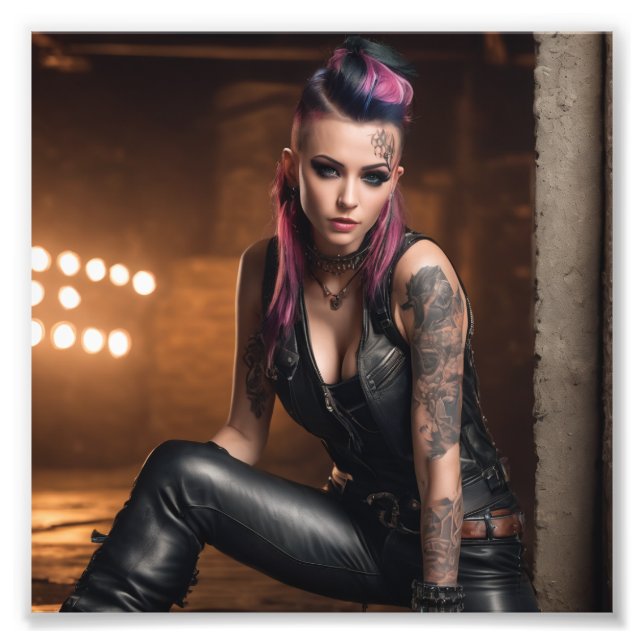 Impression Photo Hot Punk Tattoo Girl en cuir dans Dance Studio (Devant)