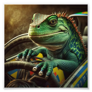 Impression Photo Iguane conduisant une voiture de course