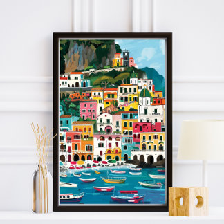 Impression Photo Illustration colorée de la plage de la côte amalfi