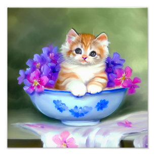 Impression Photo Illustration vintage de chaton orange et blanc
