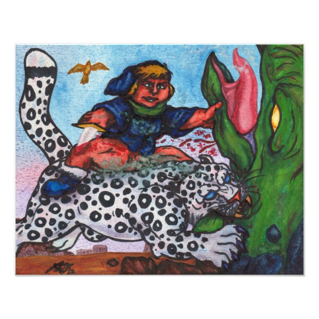 Impression Photo imaginaire garçon à cheval chat combattant dragon  (Devant)