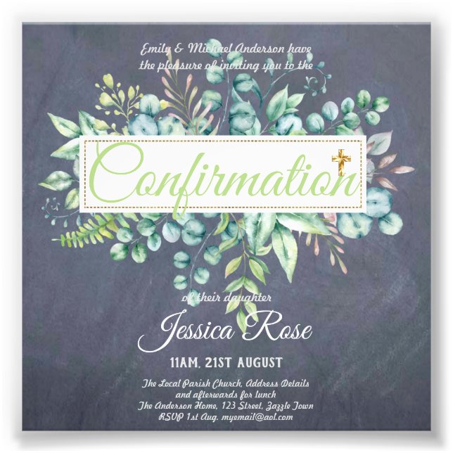 Impression Photo Invitations de confirmation Eucalyptus Greenery Bu (Devant)