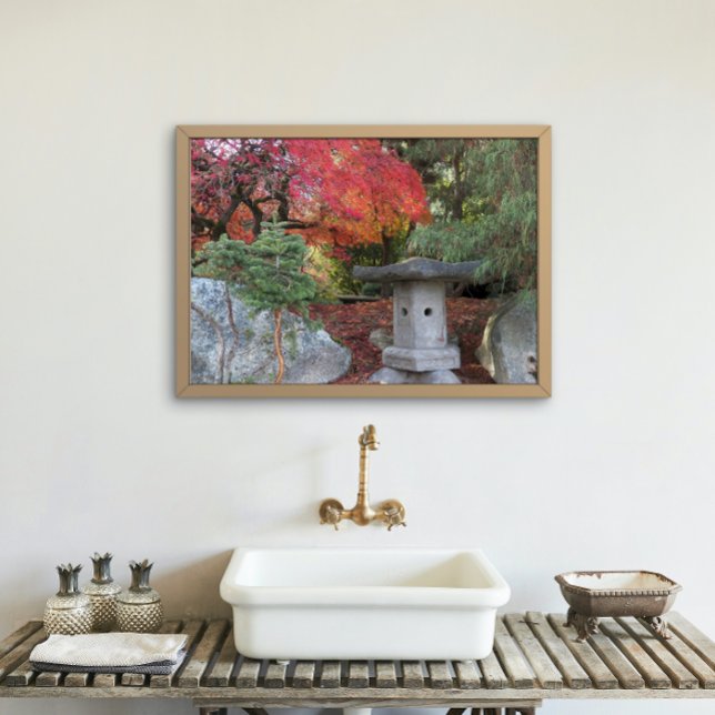 Impression Photo Jardin japonais Lanterne et Feuilles d'automne (In Situ Framed)