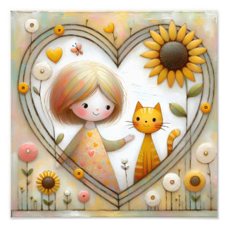 Impression Photo Jeune Fille et Chat Roux avec Tournesols