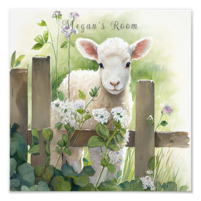 Impression Photo Joli Aquarelle Peinture Lamb Fleurs blanches (Devant)