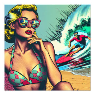 Impression Photo Jolie femme blonde rétro et mec surfeur