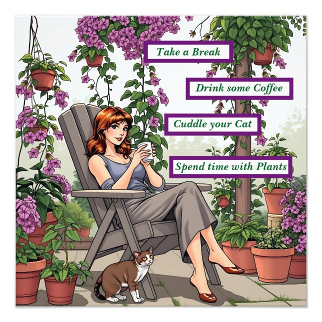 Impression Photo Jolie femme buvant du café, son chien et Plantes (Devant)