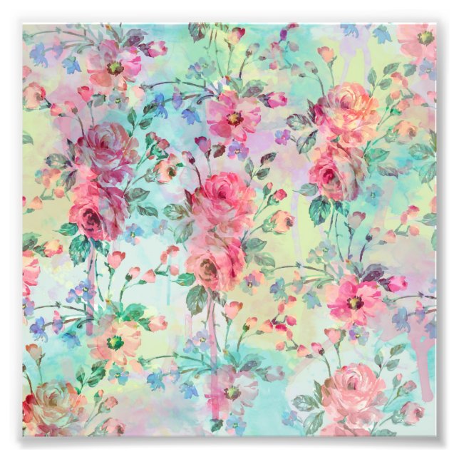 Impression Photo Jolie peinture rose à fleurs aquarelles (Devant)