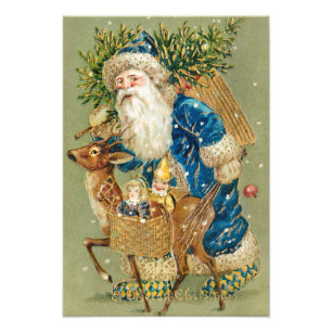 Impression Photo Joyeux Noël, Carte Antique, Père Noël et Renne
