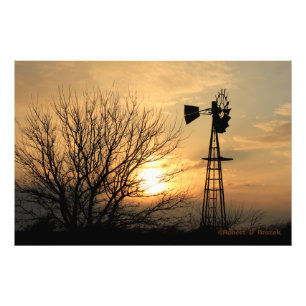 Impression Photo Kansas coucher de soleil avec moulin à vent, nuage
