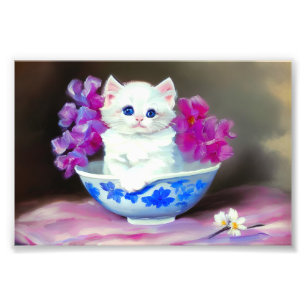Impression Photo Kitten blanc vintage aux fleurs roses