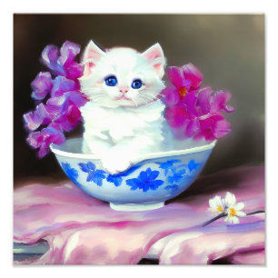 Impression Photo Kitten blanc vintage aux fleurs roses