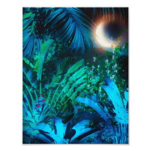 Impression Photo La nuit de la Lune Tropical Jungle Feuilles Bleu d