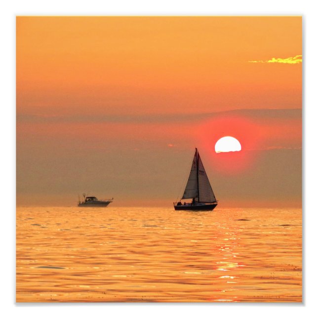 Impression Photo Lac Michigan Coucher de soleil et bateaux (Devant)