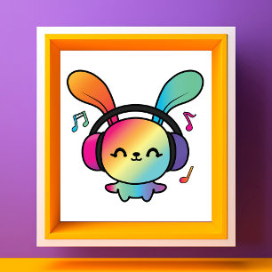 Impression Photo Lapin joyeux avec casque audio écoutant de la musi