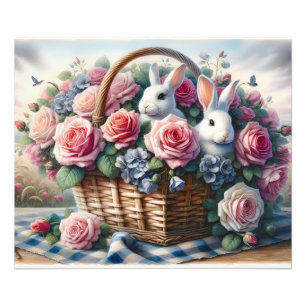 Impression Photo Lapins nichés parmi les roses de cottage