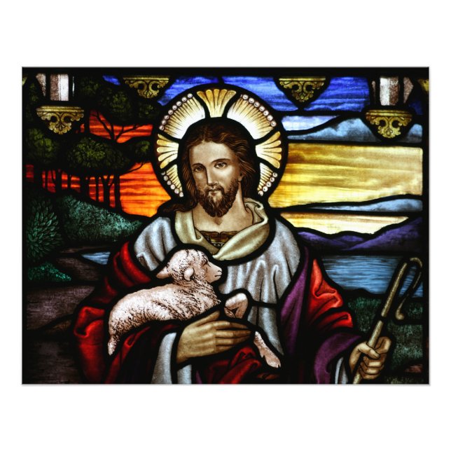 Impression Photo Le Bon Pasteur; Jésus sur le vitrail (Devant)