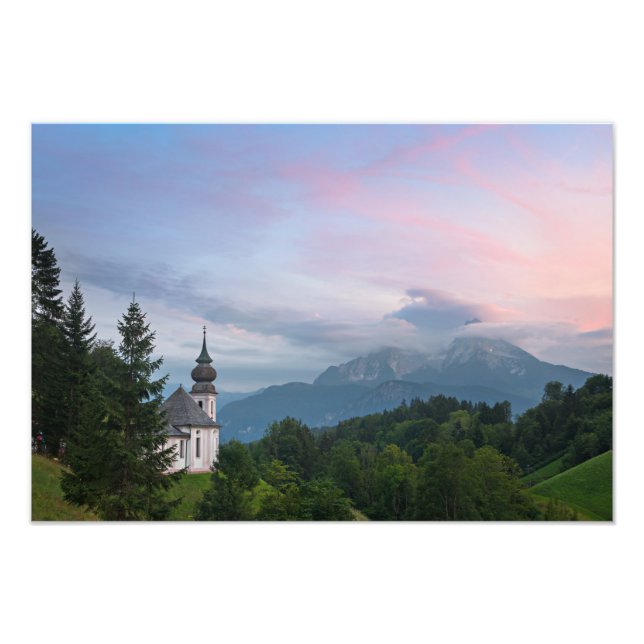Impression Photo L'église avec les Alpes au coucher du soleil (Devant)