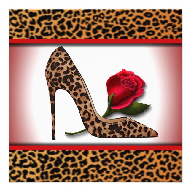 Impression Photo Leopard haut talon et rose rouge (Devant)