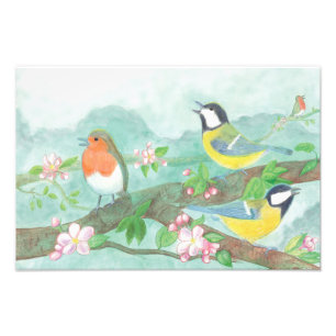 Impression Photo Les oiseaux chantent sur une branche d'arbre en fl