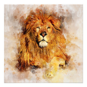 Impression Photo Lion mâle avec grand portrait d'aquarelle de manne