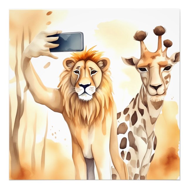 Impression Photo Lion prenant selfie avec girafe (Devant)