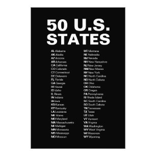 Impression Photo Liste d'abréviations des 50 États américains – Min