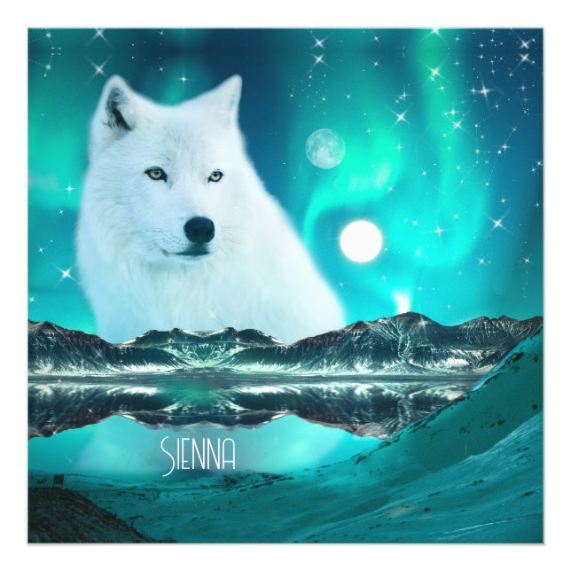 Impression Photo Loup arctique et nuit magique avec aurores boréale (Devant)
